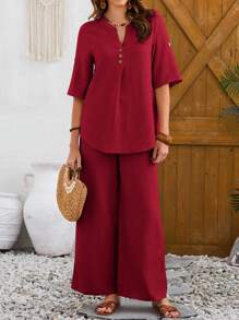 EMERY ROSE Women's Solid Color Notched V-Neck Casual Spring/Summer T-Shirt And Loose Pants 2pcs Set - Burgundy - View 4