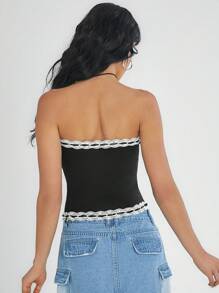 SHEIN EZwear 春夏季復古甜美蕾絲拼接無肩帶上衣，配帶緞帶蝴蝶結