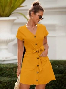 Breezaya 夏季女性純色簡約日常休閒連帶腰裙