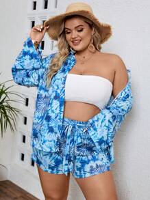SHEIN VCAY Plus size zomervakantie blauw tie-dye shirt en shorts voor dames, ideaal voor strand- en muziekfestivals