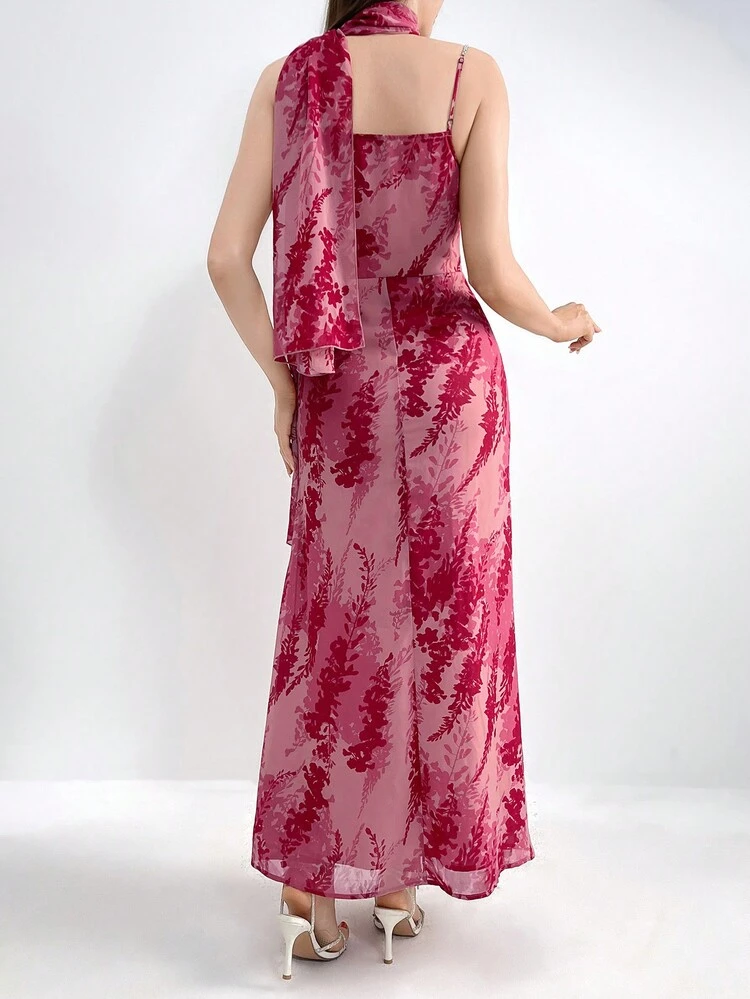 Women's Casual Printed Basic Spaghetti Strap Dress, Random Print Long Evening Dresses