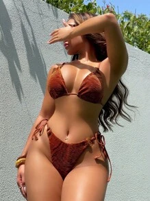 SHEIN Swim Summer Beach Resort Spaghetti Strap Bra & Swim Bottom Bikini Set Bathing Suit - Brown - View 3