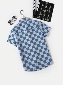 Áo Sơ Mi Ngắn Tay Denim Kẻ Sọc Tuổi Teen Thời Trang Giản Dị - Rửa trung bình - Xem 2