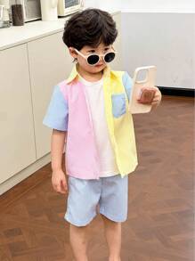 SHEIN Genkimix Kids Toddler Boys Striped Print Colourblock Shirt & Shorts - Multicolor - View 4