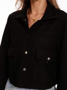 TRAFZA 女式秋季夹克，时尚立领纽扣前口袋长袖外套，优雅女士休闲夹克 - 黑色 - 查看 3