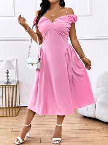 Celure Plus Size Summer Casual Solid Color Cold-Shoulder Ruched Dress With Cinched Waist