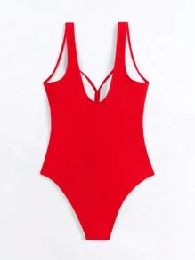 Swim Basics 2025 女式纯色褶皱连体泳衣夏季 - 紅色 - 查看 3