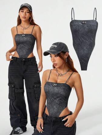 SHEIN Coolane Vintage Distressed Style Strap Bodysuit - A Must-Have For Cool Girls In Spring And Summer