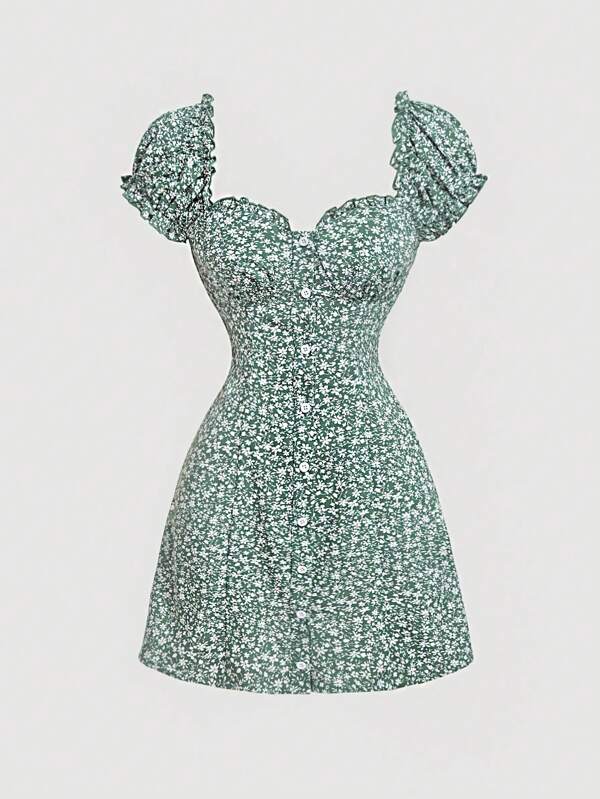 SHEIN MOD Ditsy Floral Print Frill Trim Dress