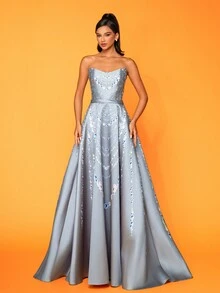 Smilprince Longo Elegante High-End Gracioso Pérola Corrente Impresso Maxi Flared Hem Strapless Formal Evening Gown - Cinza - Ver 4
