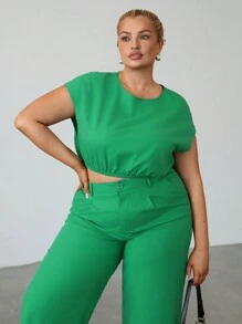 SHEIN EZwear Plus Size Green Linen Holiday Casual Pants Set
