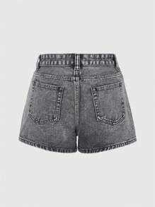 ROMWE Grunge Punk Pantalones cortos de mezclilla con bolsillo de carga gris, parche de estrella negra bordado, estilo punk libre, para mujer, escuela