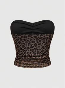 ROMWE Grunge Punk Y2K Gyaru Shibuya Stil Leoparden Muster Mesh Bandeau Top mit Schleifen Dekor und geraffter Taille für Damen, Schule