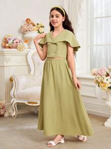 Set di camicia e gonna coordinati per ragazze pre-adolescenti, 2 pezzi, carino, con colletto abbinato, con camicia corta avanti e lunga dietro e gonna