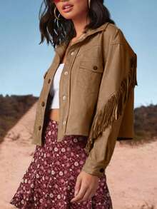 女士假日復古絨面皮革流蘇夾克