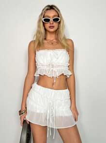 Easelle Conjunto de 2 piezas para mujer: Top sin mangas plisado con tirantes finos y shorts con capas, unicolor, para el verano.