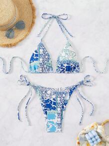 SHEIN Swim Damen Blume Muster Neckholder Bikini-Set mit zufälligem Muster für Urlaub und Sommer