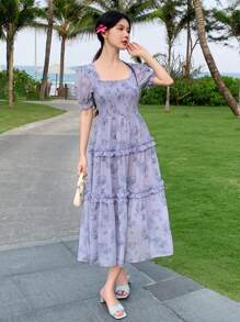 DAZY Women's Chiffon Floral Print Square Neck Elegant Dress Sundress