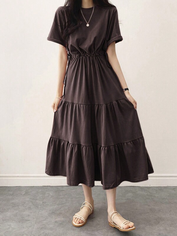 DAZY Summer Solid Color Drawstring Elastic Waist Casual Daily Dress,Ruffle
