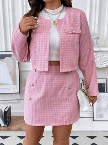 SHEIN Franclia 大碼翻蓋細節開門襟夾克&半身裙 - 粉色 - 查看 5