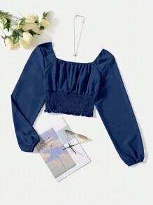 Mulvari Top corto de cintura fruncida para mujer con mangas largas y cuello cuadrado para primavera/verano