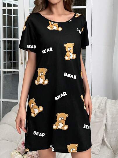 Able Schattige Bear Letter Printed Shirt Sleep Dress Pajama view 6