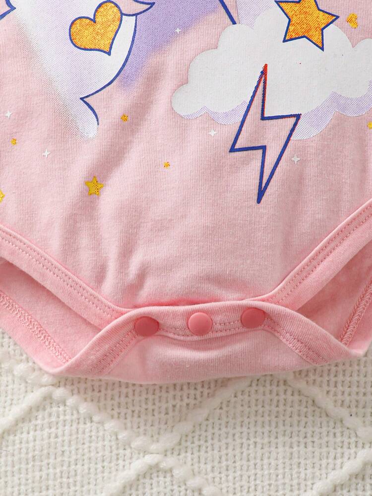 Baby Girl Cute Unicorn Watercolor Print Short Sleeve Bodysuit With Footed Pants Including Hat, Headband, Drool Bib Set For Home Wear