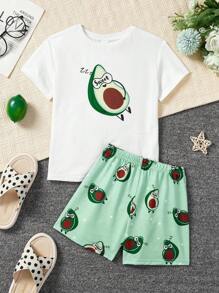 SHEIN Young Girl Avocado Patterned Summer Short-Sleeved Shorts Comfortable Casual Flame-Retardant Pajamas 2-Piece Set - Green - View 1