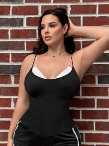 SHEIN SXY Plus 2 In 1 Double Strap High Cut Cami Bodysuit - Black and White - View 4