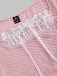 SHEIN MOD 灰色拼接花邊泡泡袖女士T恤