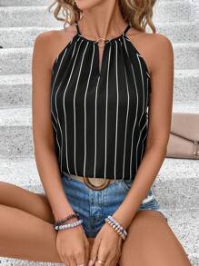SHEIN LUNE Women Classic Casual Striped Summer Ring Detail Halter Top
