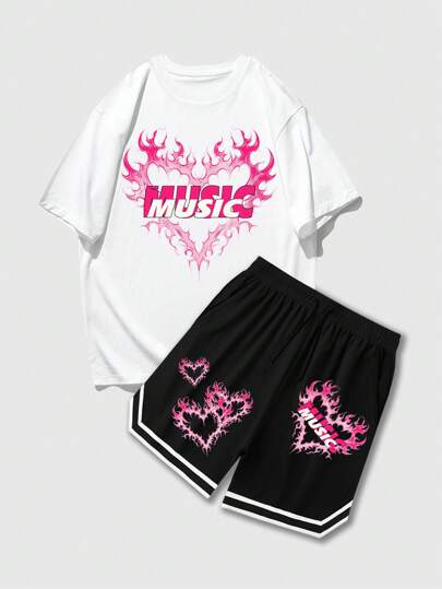 Street Life Conjunto de camiseta de manga corta y pantalón corto para hombre con estampado de corazón y llama, a la moda