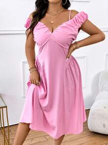 Celure Plus Size Summer Casual Solid Color Cold-Shoulder Ruched Dress With Cinched Waist