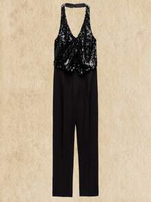 SHEIN Frenchy Dames zomer jumpsuit met patchwork wijde pijpen en halterhals geschikt voor feestjes, concert dameskleding, dames rompertjes, dames jumpsuits, rugloze jumpsuit, zwarte jumpsuit