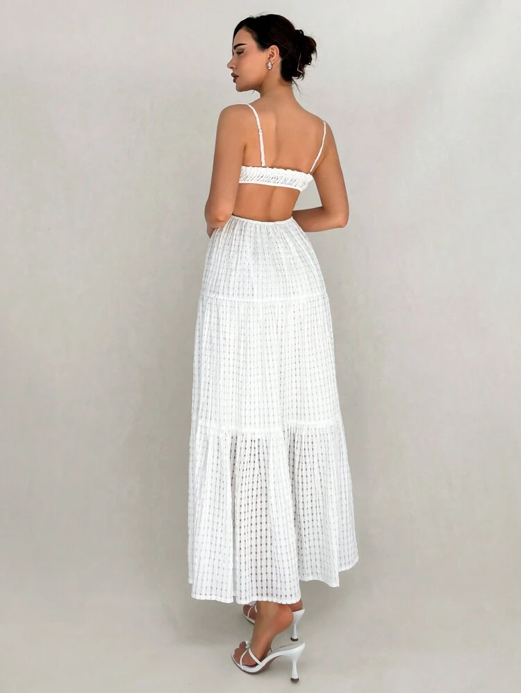 Romantic Vacation Spaghetti Strap Swing Dress With Hollowed-Out Lace Trim For Women, Spring Summer