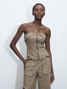 Maija 女性休閒職業服純色拉鍊無袖上衣，夏季 - 卡其色 - 查看 2