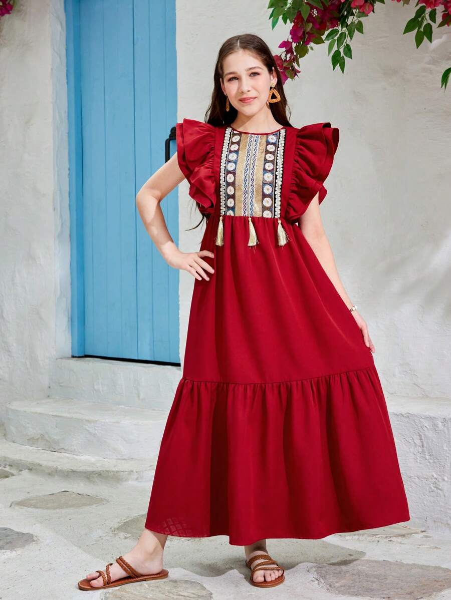 SHEIN 少女编织纯色织带刺绣流苏荷叶边袖休闲连衣裙 - 酒紅色 - 查看 1