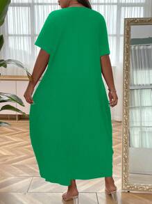 EMERY ROSE Plus Size Women Solid Color Simple Daily Dress - Green - View 2