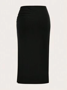 SHEIN EZwear Plus Solid Ruched Split Thigh Skirt