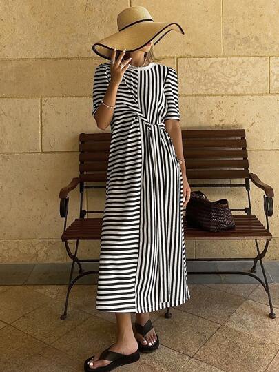 DAZY Women Striped Crew Neck Short Sleeve Dress Summer Sundress,Casual Women Dresses,Teacher Outfits