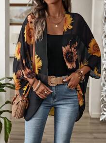 EMERY ROSE Women's Summer Holiday Casual Solid Color Sunflower Printed Kimono Cover Up