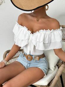 SHEIN VCAY Women Fashion Solid Color Bodysuit With Ruffle Neck Ruffle Neckline