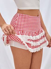 SHEIN EZwear Falda de línea A de cintura alta para mujer con cuadros y detalles encaje empalmados