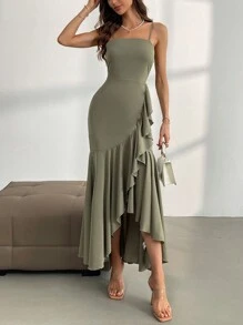 Firerie Vestido de tirantes finos con volantes, dobladillo asimétrico y elegante color verde para mujer en verano