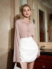GENKIRA Blouse à manches longues avec col plissé en tissu, volant et manches évasées, élégante pour femmes - Kaki - Voir 4