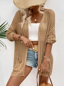 Breezaya Women's Solid Color Hollowed Texture Cardigan With Pockets, Perfect For Vacation - Khaki - View 7