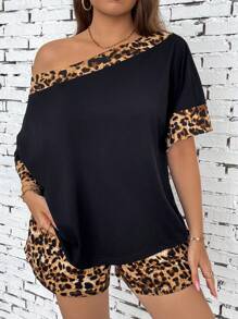 SHEIN VCAY 大碼度假豹紋印花露肩T恤搭配豹紋短褲套裝 - 彩色 - 查看 4