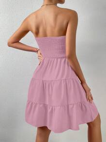 Chiquease 女士夏天單色交叉V領荷葉邊優雅中長款連衣裙 - 藕粉色 - 查看 2