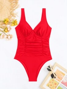 Swim Basics 2025 女式纯色褶皱连体泳衣夏季 - 紅色 - 查看 5