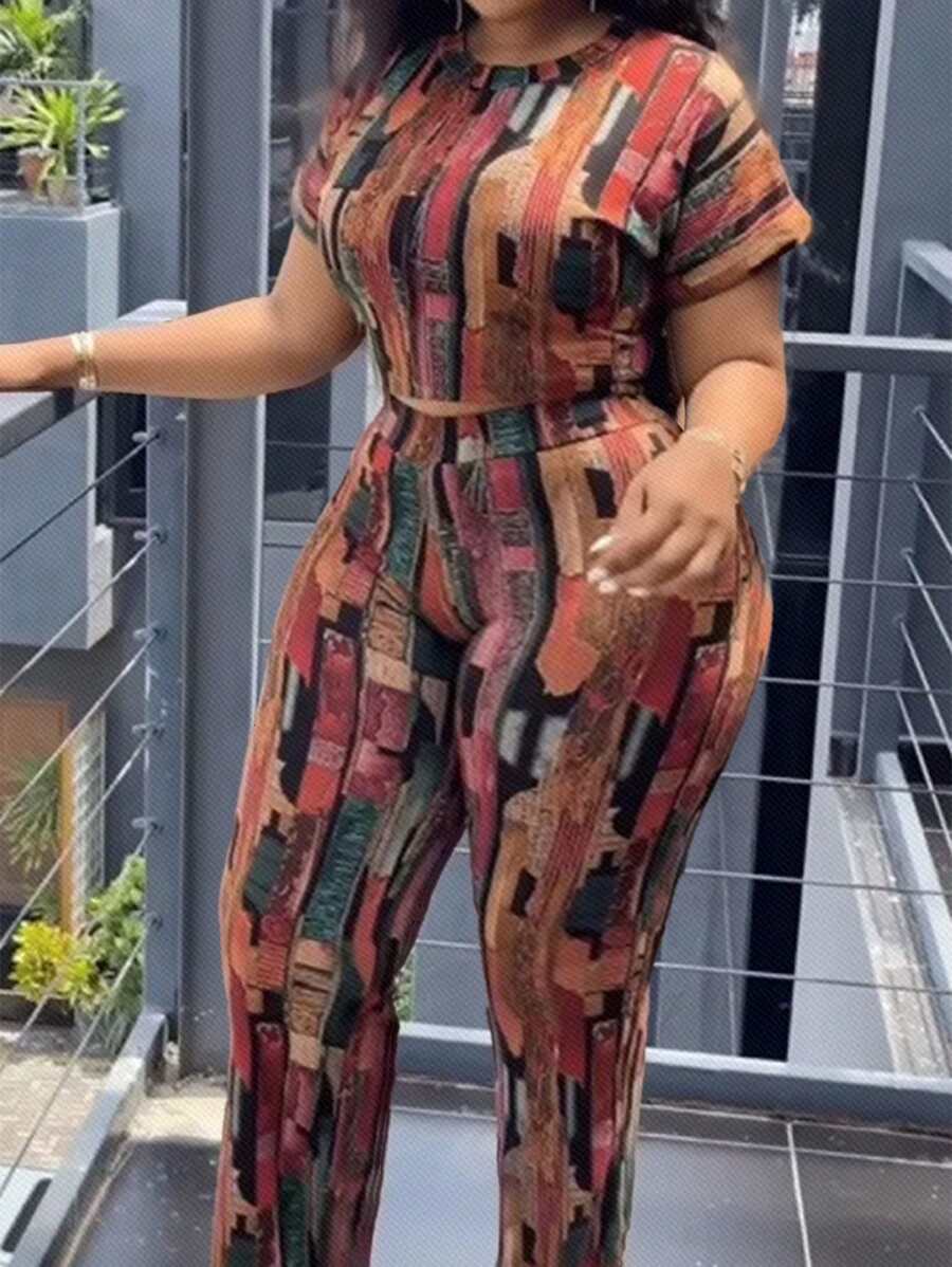 Slaydiva 大尺碼優雅基本休閒幾何色塊設計女士短袖上衣和長褲兩件套裝，夏季